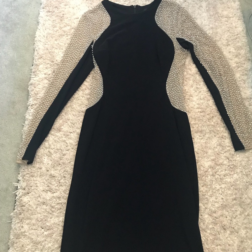 Xscape rhinestone long sleeve black dress